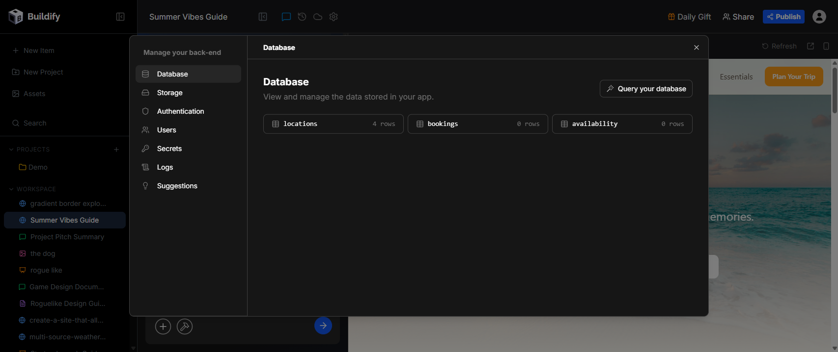 The Buildify Cloud panel showing the Database section with tables