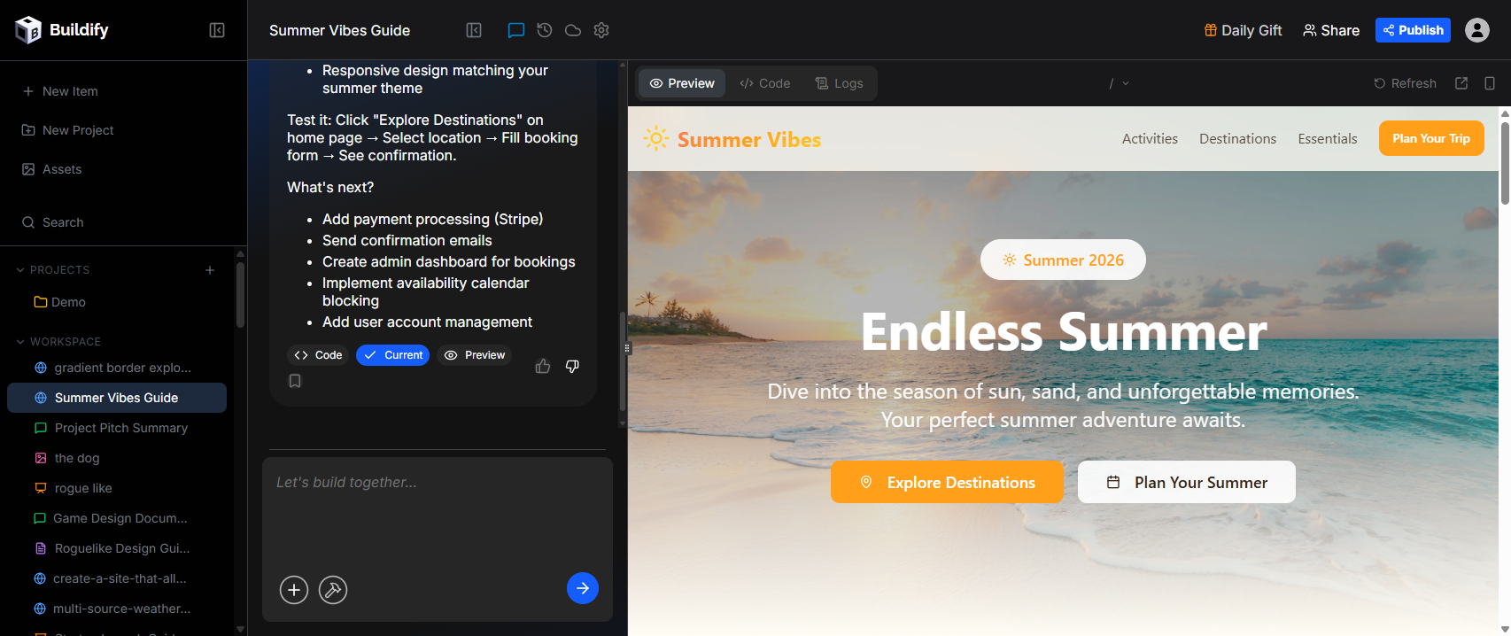 Per-message action buttons: Code, Current, Preview, thumbs up/down, and bookmark