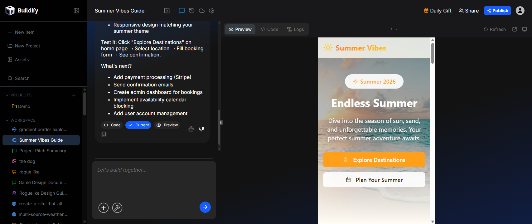 Mobile preview mode showing the Summer Vibes site at phone screen width