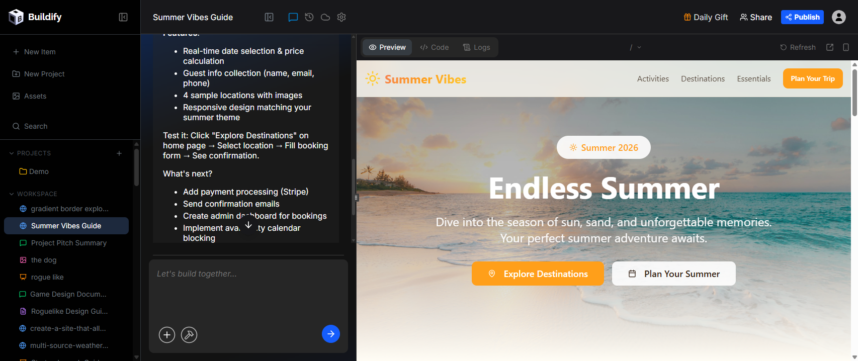 The Web App workspace showing the chat panel on the left and the Preview tab on the right